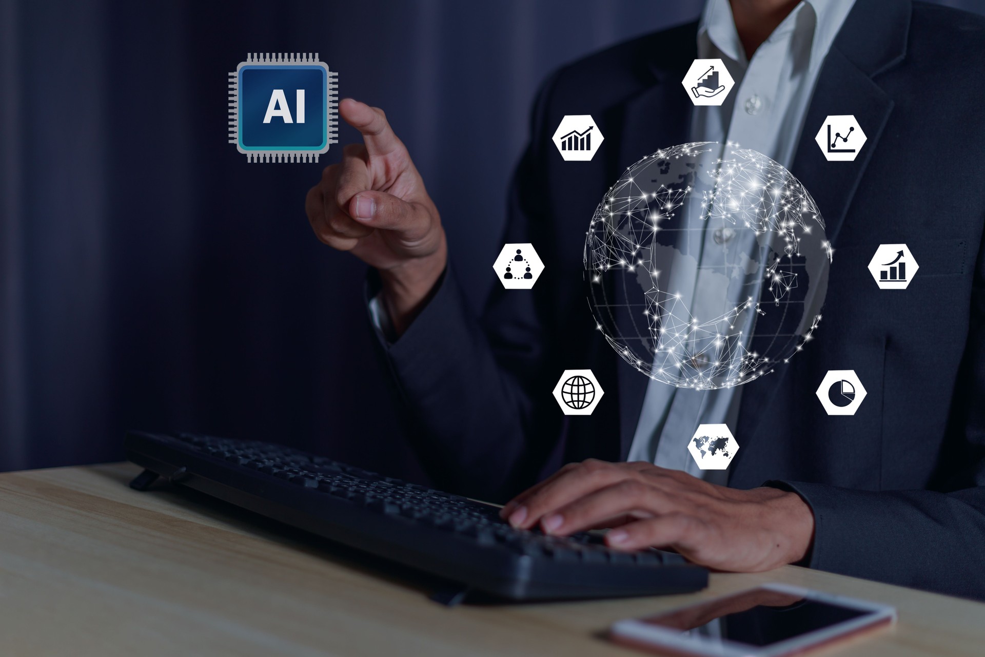 Business people may use the Internet to network and search for information on mobile devices using Artificial intelligence digital technology