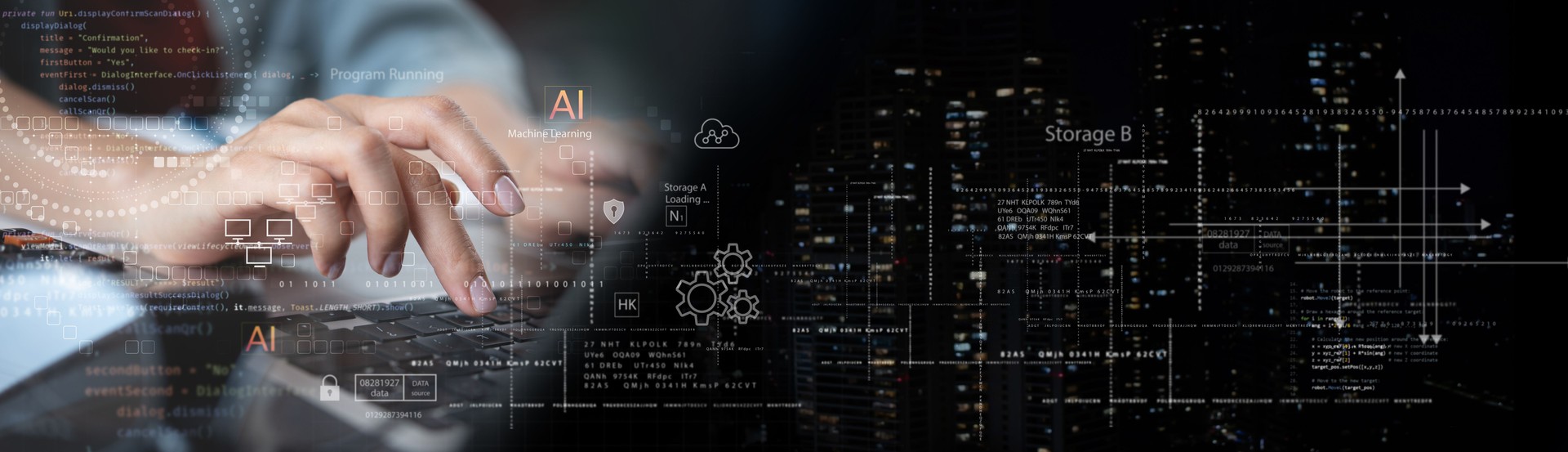 Data science and engineering. Computer programmer using laptop analyzing big data and cloud computing. Database management, algorithm and AI deep learning, digital technology background, data analytics
